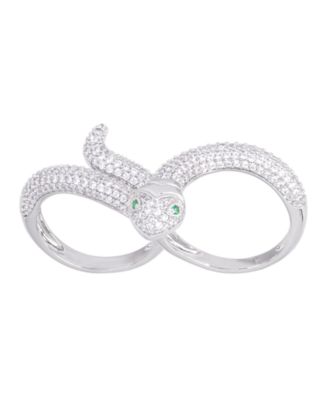 Cubic Zirconia Snake Double Finger Ring in Silver Plate