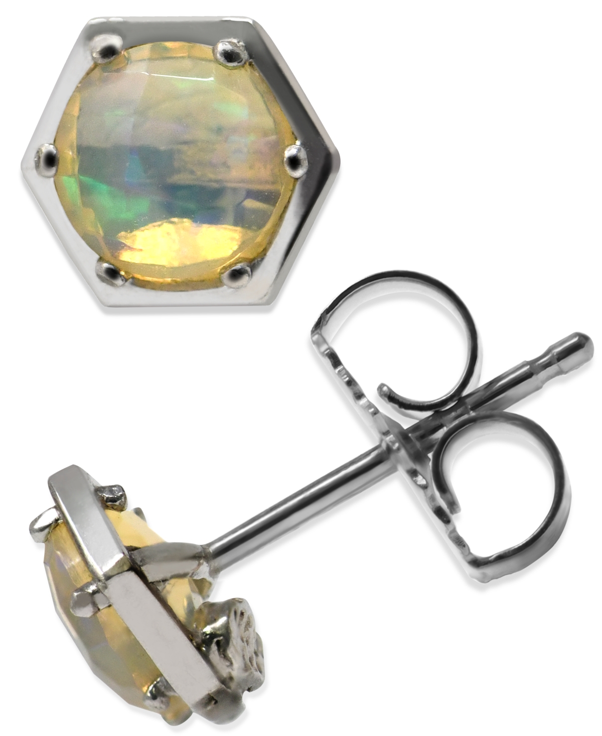 Hexagon Stud Earrings in Sterling Silver - Opal