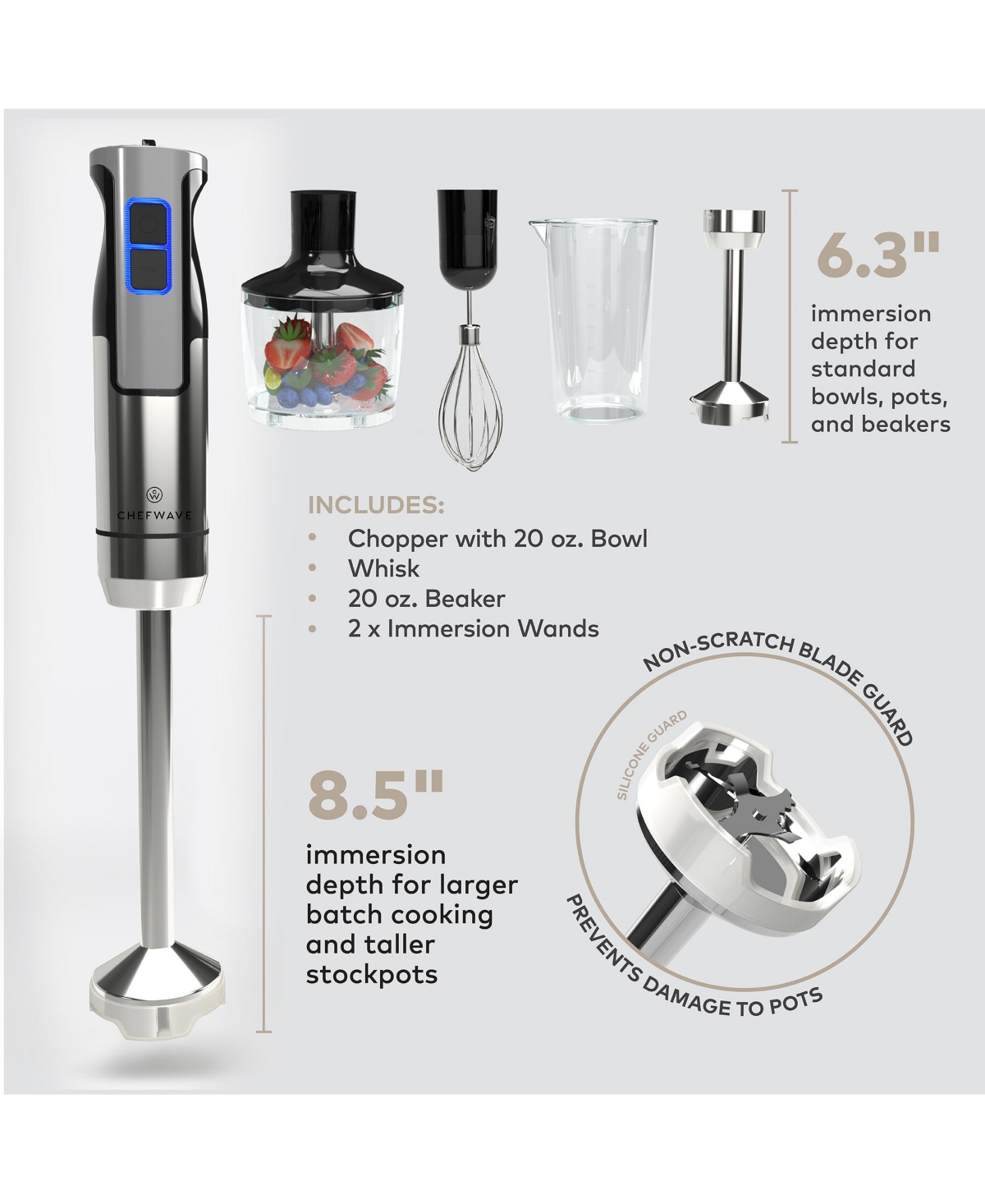 ChefWave InterMix 500 Watt 9-Speed Immersion Multi-Purpose Hand Blender Heavy Duty with Immersion Depth Wands, Beaker, Whisk and Chopper Attachments