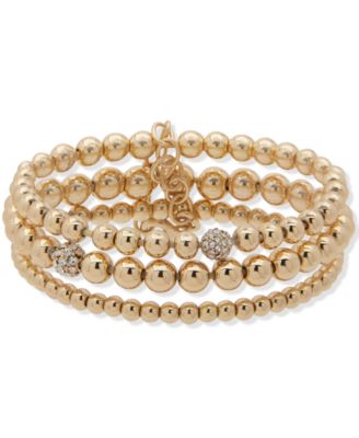 Anne Klein - Gold-Tone 3-Pc. Set Pav&eacute; Fireball & Beaded Stretch Bracelets