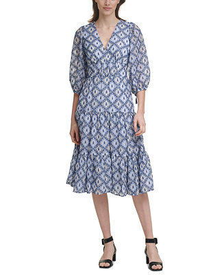 Calvin Klein Printed Blouson-Sleeve Midi Dress - Macy's