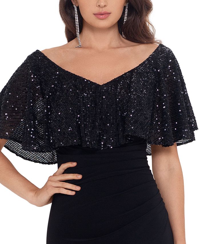 betsy & adam sequin & mesh overlay gown