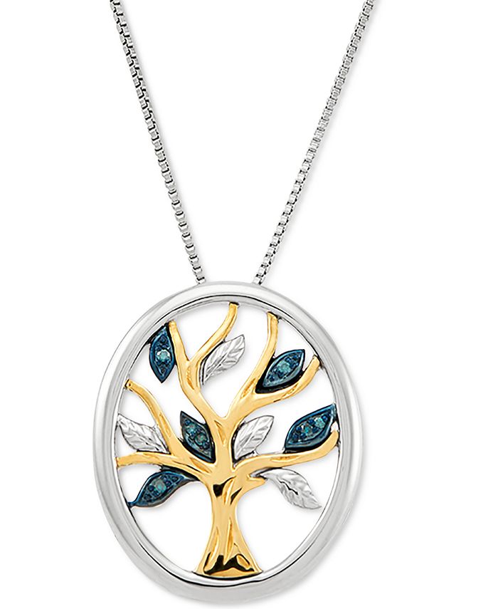 Macy's - Green Diamond Accent Openwork Tree 18" Pendant Necklace in Sterling Silver & 14k Gold