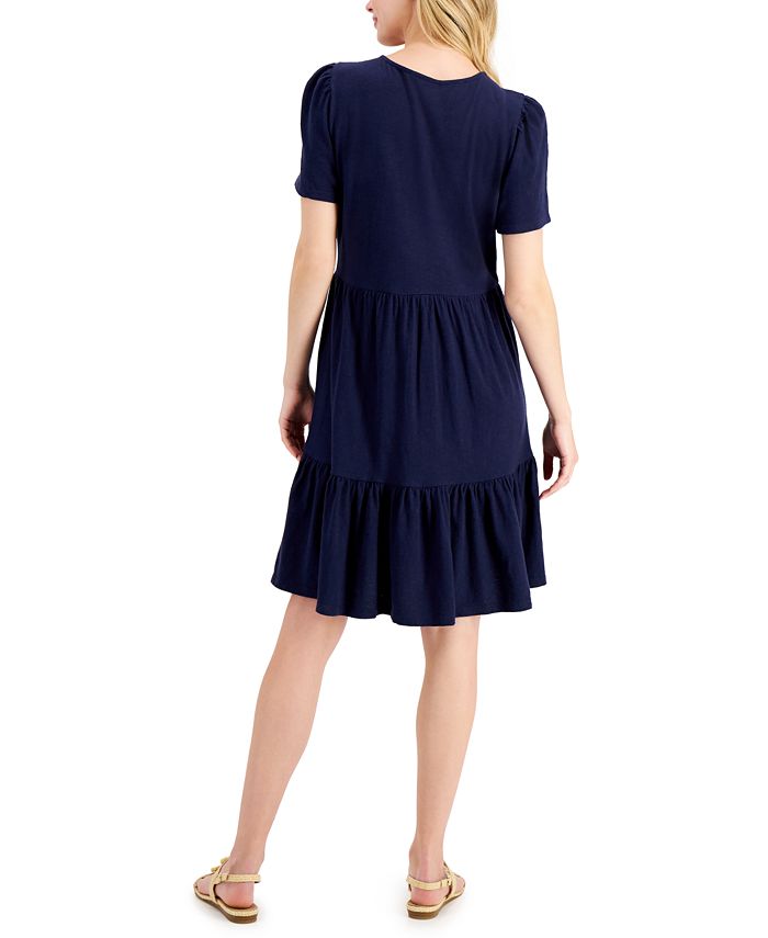 Charter Club Petite Pom-Pom-Trim Tiered Dress, Created for Macy's - Macy's