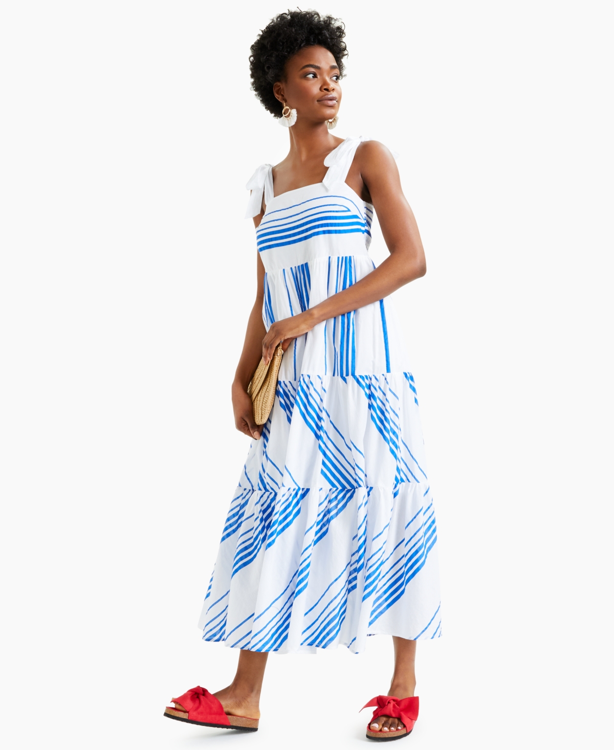 CHARTER CLUB PETITE STRIPED TIE-SHOULDER TIERED MIDI DRESS, CREATED FOR MACY'S