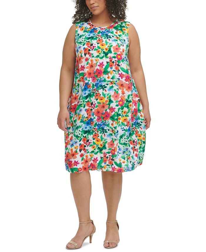 Calvin Klein Plus Size Floral-Print Trapeze Challis Dress - Macy's