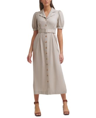 Calvin Klein - Belted Button-Front Linen Notched-Collar Maxi Dress
