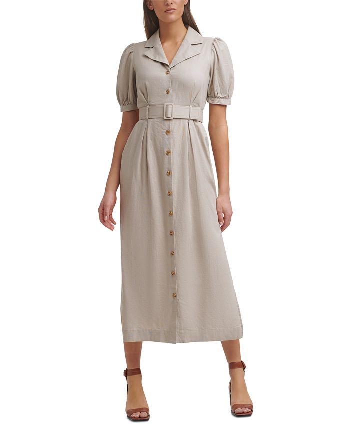 Calvin Klein Belted Button-Front Linen Notched-Collar Maxi Dress & Reviews  - Dresses - Women - Macy's