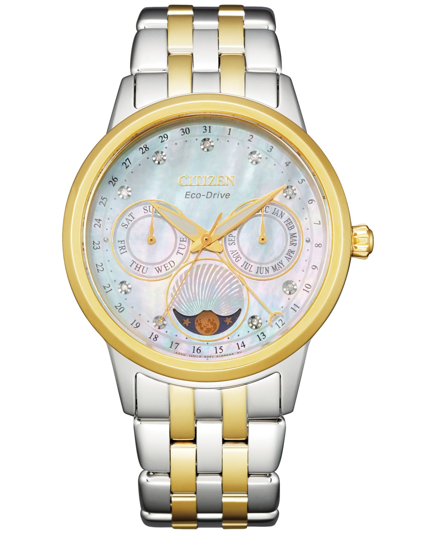 Женские часы Citizen Eco-Drive Calendrier Diamond Accent Two-Tone Stainless Steel Bracelet Watch 37mm — фото 1