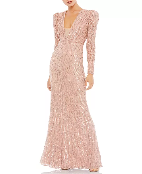 women's beaded puff sleeve trumpet evening gown