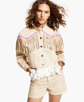 INC International Concepts Luxe Fringe-Trim Denim Jacket, Created for Macy's