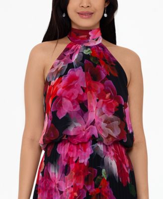 Betsy & Adam Women's Long Halter Chiffon Gown - Metallic Ruffle Detail, Clip Dot Design - View #12