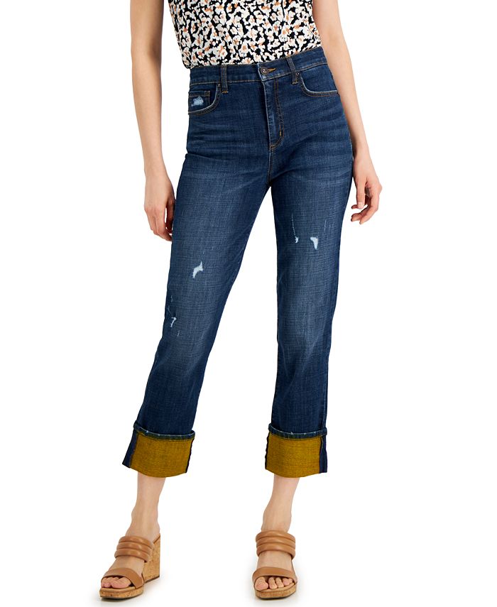 INC International Concepts High Rise Contrast Cuff Straight Leg Jeans