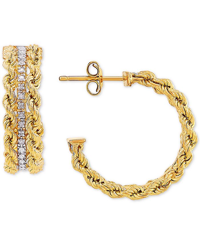 Macy's - Diamond Rope Hoop Earrings (1/10 ct. t.w.) in 14k Gold & White Rhodium-Plate
