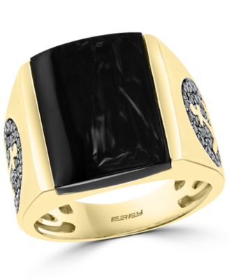 EFFY Collection - Men's Black Agate (18 x 12mm) & Black Diamond (5/8 ct. t.w.) Anchor Ring in 14k Gold