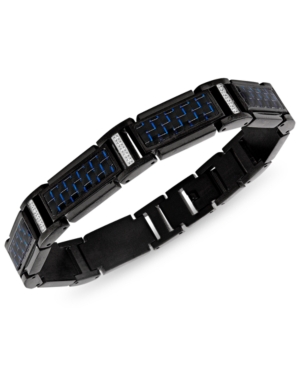 Esquire Men's Jewelry Diamond (1/5 Ct. T.w.) & Blue Carbon Fiber Link Bracelet In Black Ion-plated Stainless Steel, Create