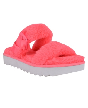 Pink Nine West Womens Faux Fur Slide Slipper, Slippers