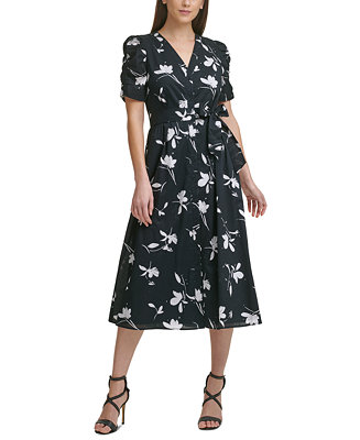 DKNY Ruched-Sleeve Floral Midi Dress - Macy's