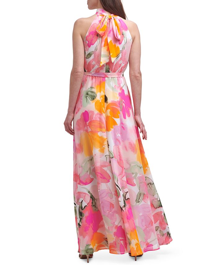 Eliza J Floral-Print Chiffon Halter Gown - Macy's