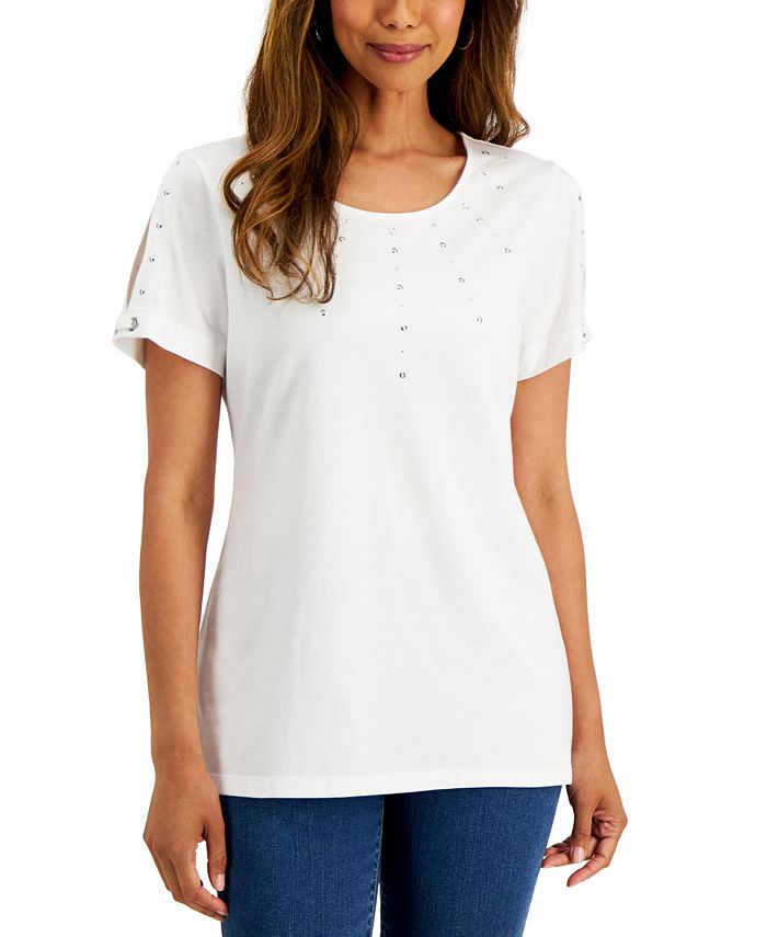 Karen Scott Embellished Split-Sleeve T-Shirt, Created for Macy's - Macy's