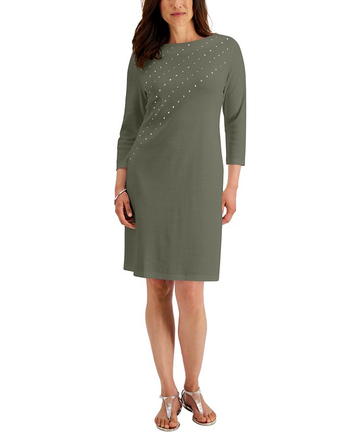 Karen Scott Solid Studded 3/4Sleeve Dress, Created for Macy's Macy's