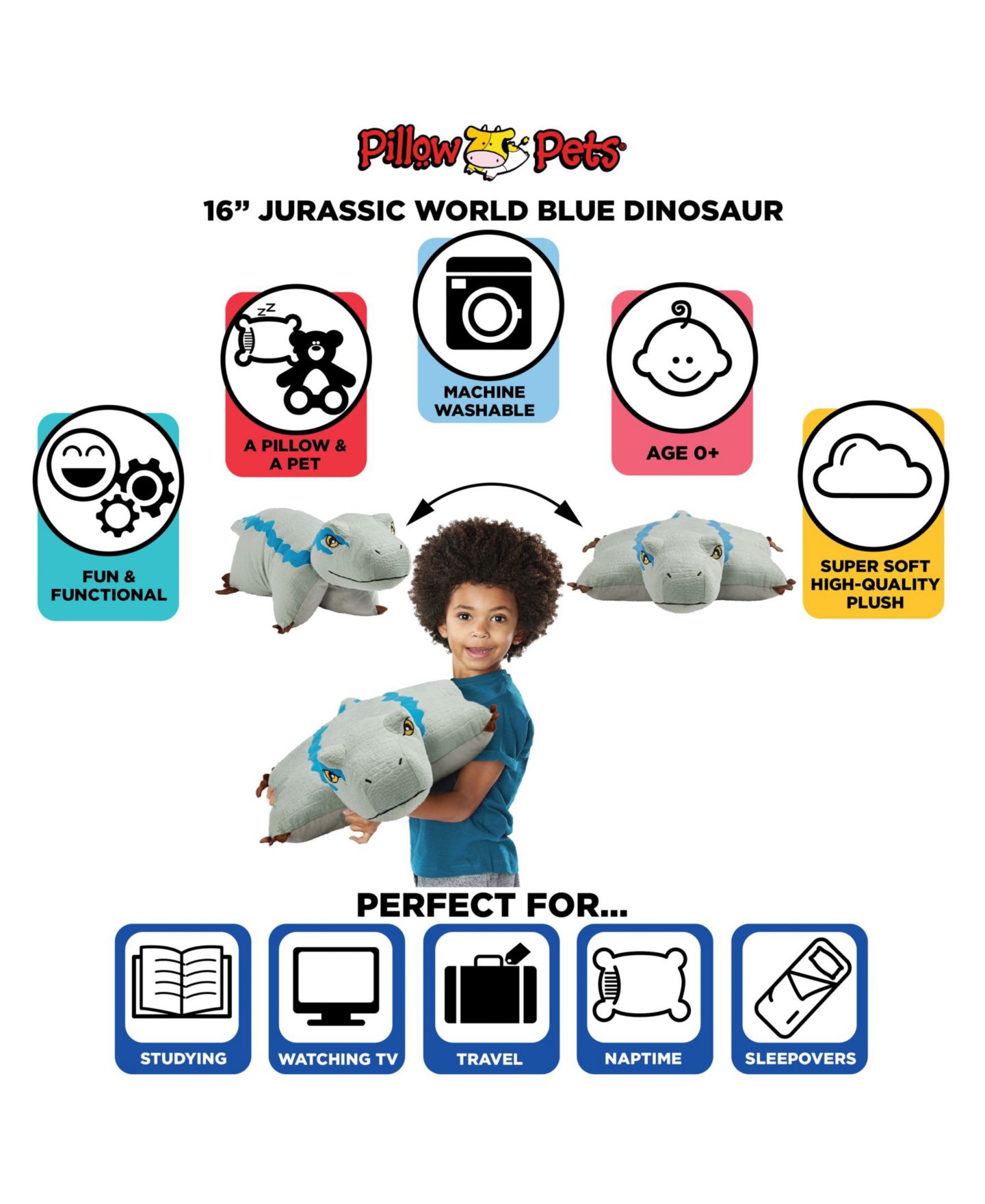 Детская мягкая игрушка Pillow Pets Jurassic World Blue 16" Plush — фото 4