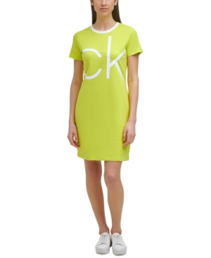 Calvin Klein Logo Graphic T-shirt Dress In Limeade/white