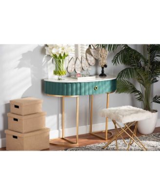 Beale Luxe and Glam Velvet Upholstered 1-Drawer Console Table with Faux Marble Tabletop