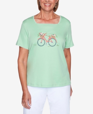 Alfred Dunner Women's Missy Island Hopping Bicycle Embroidery Top In Kiwi