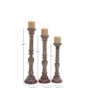 Set of 3 Brown Mango Wood Traditional Candle Holder, 24", 21", 17"