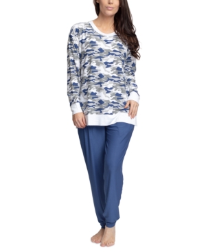 Muk Luks Printed Top & Solid Jogger Loungewear Set