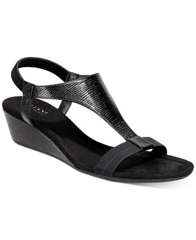 A35 Vacanza Square Toe Wedge T-Strap Sandals 461, Black, 6 US