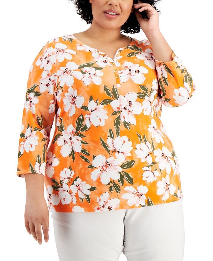 Karen Scott Plus Size Floral Henley Top, Created for Macy's & Reviews ...