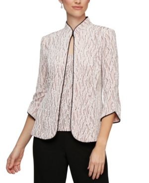 Alex Evenings Printed Piped 3/4-sleeve Two-piece Glitter Top & Jacket In Light Pink