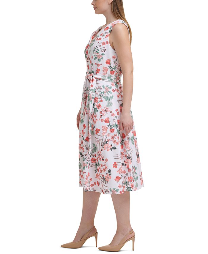 Calvin Klein Plus Size Floral-Print Belted Midi Dress - Macy's