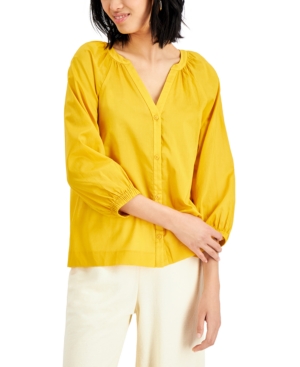 Alfani Petite Cotton Y-neck Top, Created For Macy's In Marigold Petal