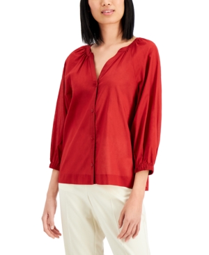Alfani Petite Cotton Y-neck Top, Created For Macy's In Cardinal Rouge