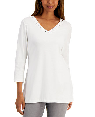 Karen Scott Embellished 3/4-Sleeve V-Neck Tunic Top, Created for Macy's ...