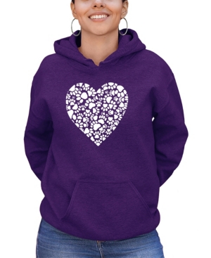 La Pop Art Women's Word Art Paw Prints Heart Hooded Sweatshirt In Purple