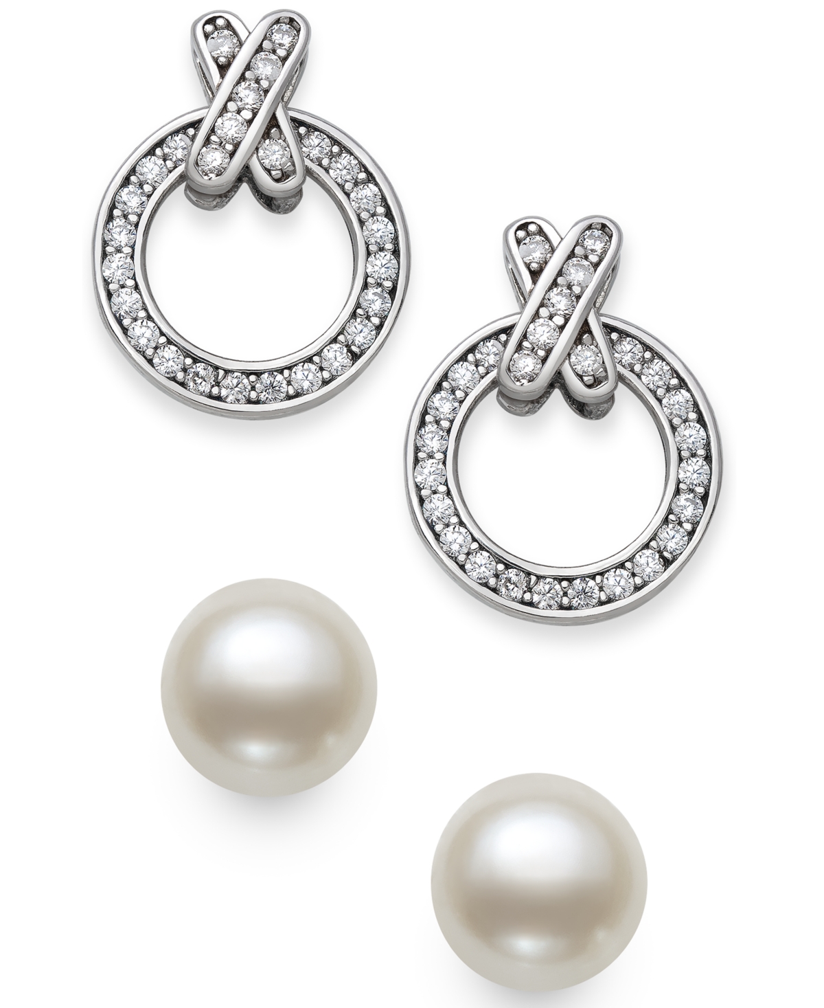 2-Pc. Set Cultured Freshwater Pearl (8mm) & Cubic Zirconia Xo Stud Earrings in Sterling- Silver