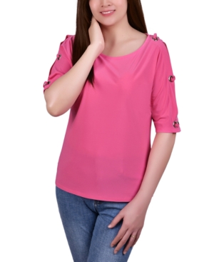 Ny Collection Petite Grommet-trim Split-sleeve Top In Miami Pink