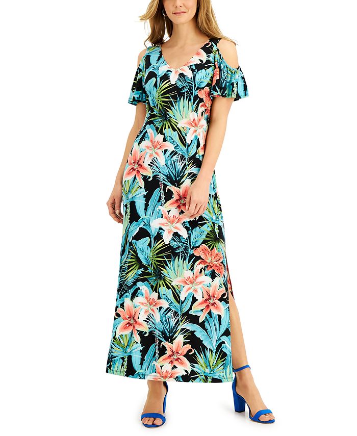 Petite cold shop shoulder maxi dress