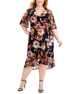 Connected Plus Size Floral-Print High-Low Faux-Wrap Dress - Macy's
