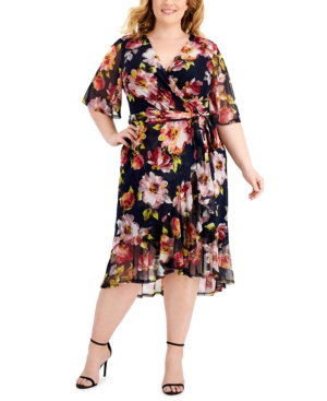 CONNECTED PLUS SIZE FLORAL-PRINT HIGH-LOW FAUX-WRAP DRESS