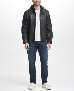 Men's Washed Leather Motorcycle Jacket with Jersey Knit Hood