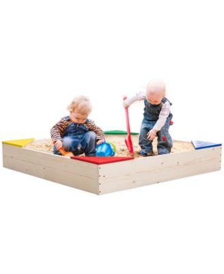 Playberg Outdoor Wooden Sand Box with Floor Cover and Waterproof Protection Cover, Square Sandpit for Kids
