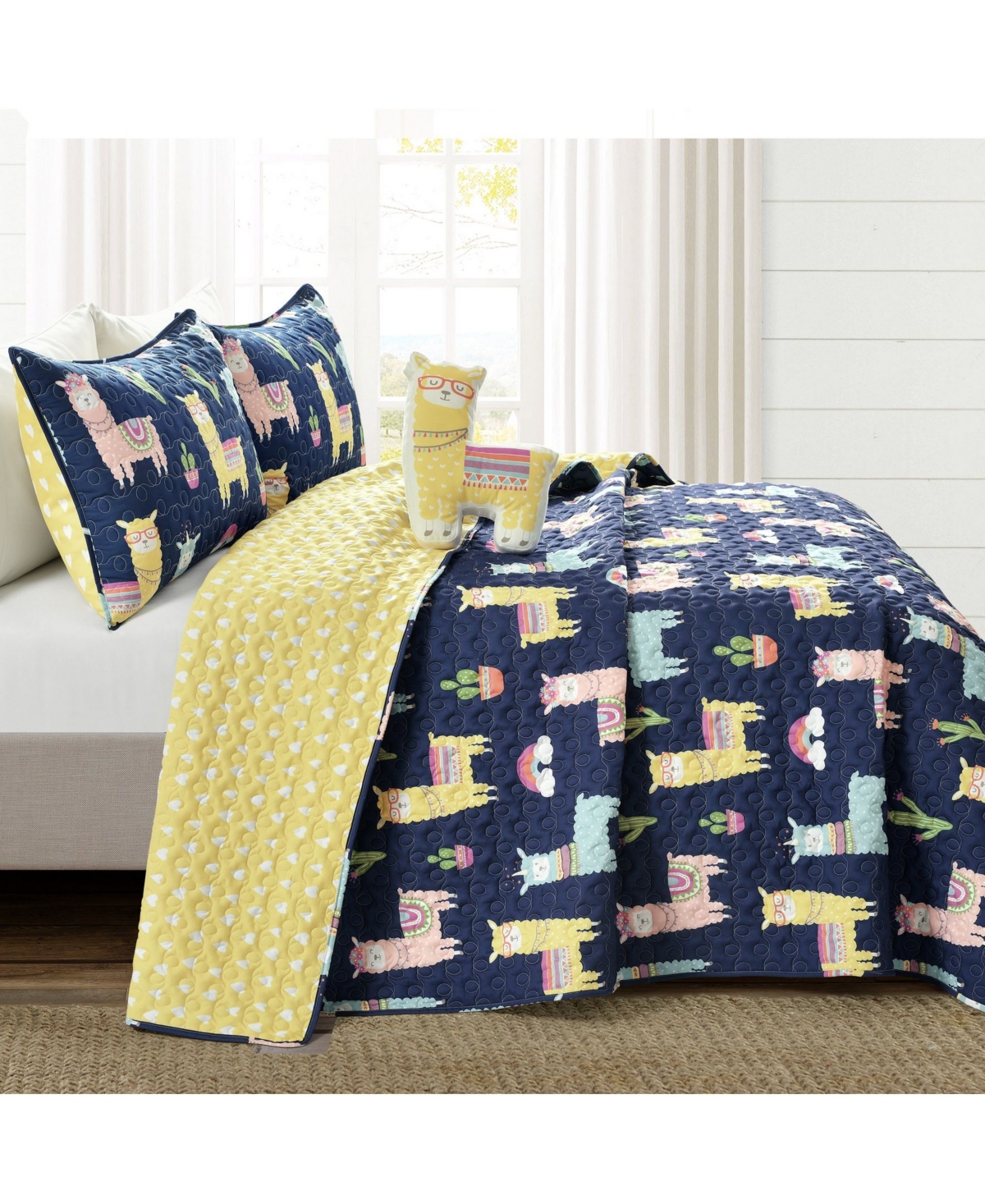 Lush Decor Southwest Llama Cactus 4 Piece Quilt Set for Kids, - Yellow