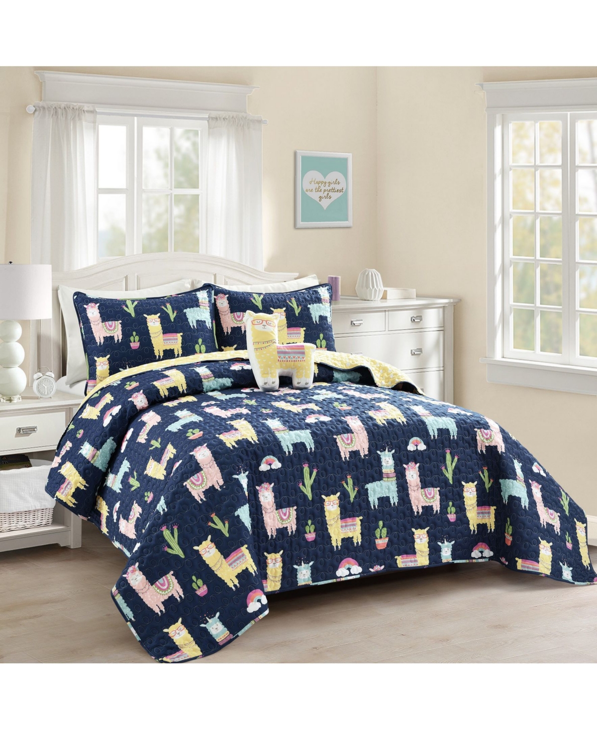 Lush Decor Southwest Llama Cactus 4 Piece Quilt Set for Kids, - Yellow
