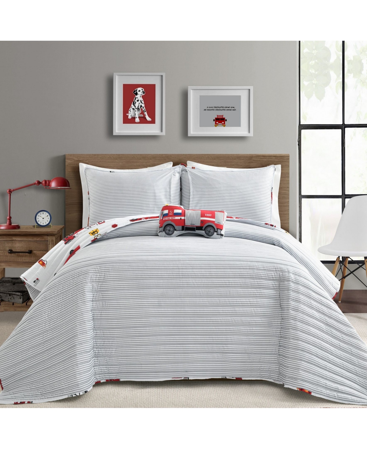 Lush Decor Fire Truck 3 Piece Quilt Set for Kids, - White