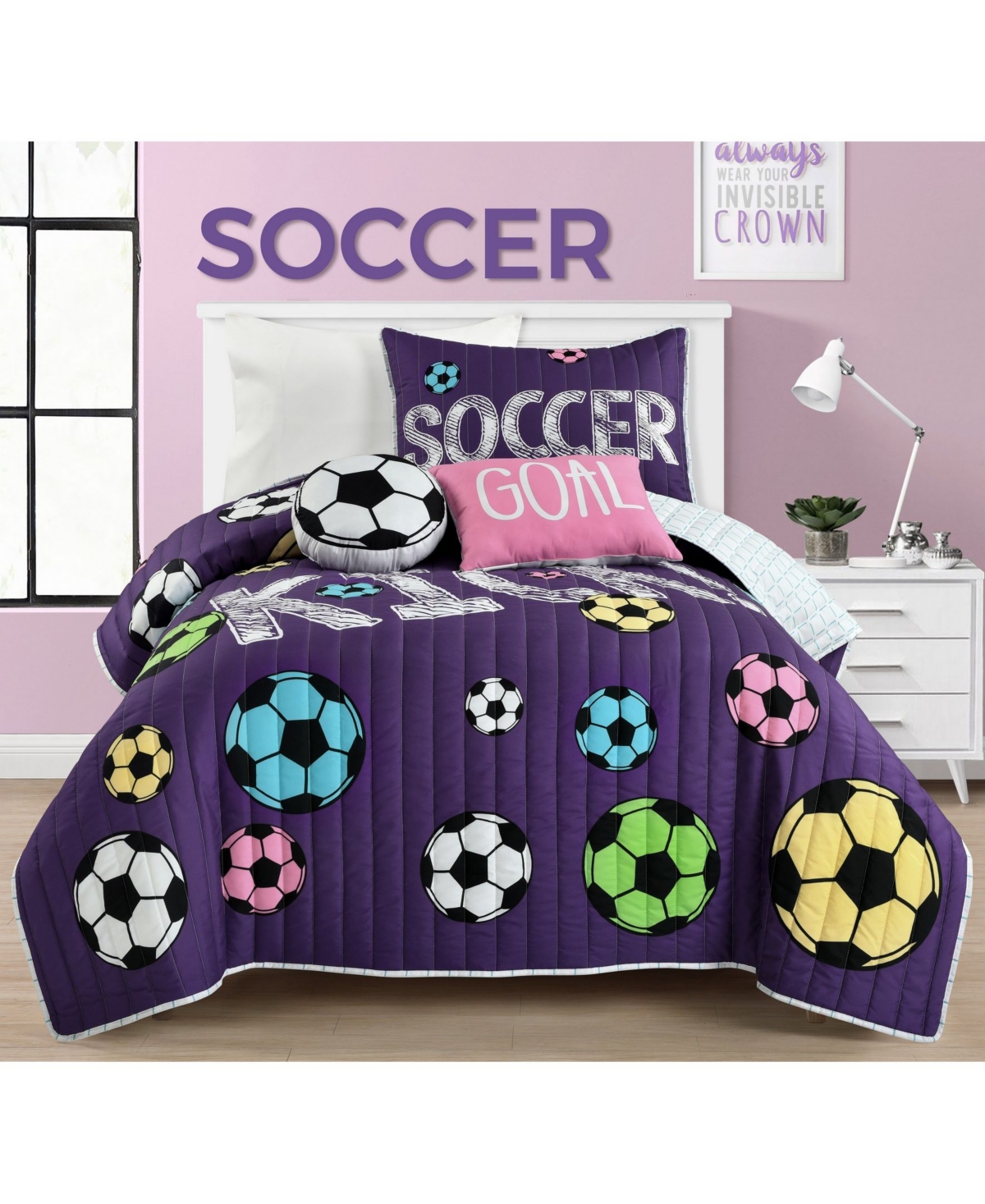 Lush Decor Girls Soccer Kick 4 Piece Quilt Set for Kids,